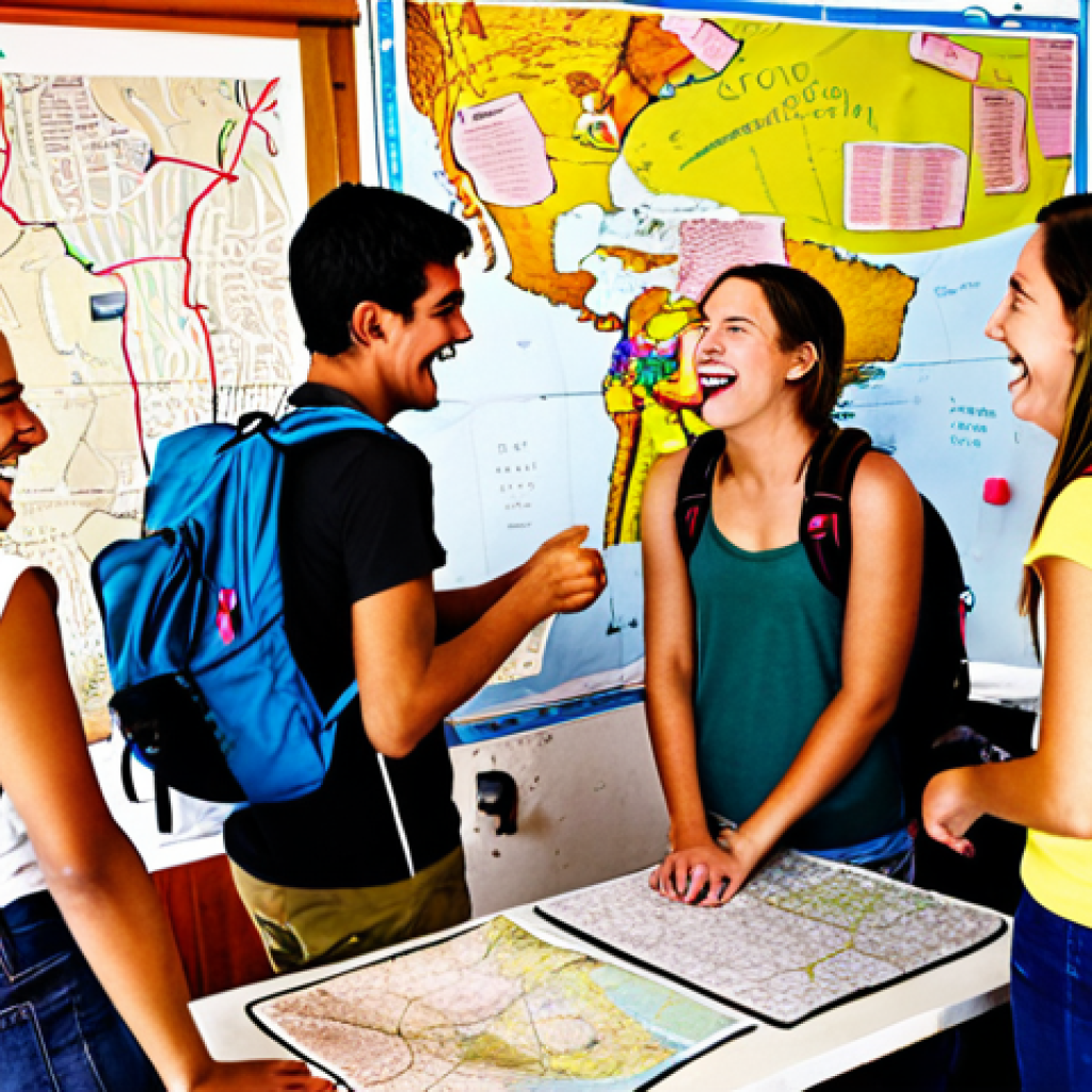 **
A brightly colored Colombian hostel dorm room filled with diverse young travelers laughing and sharing stories. Backpacks are scattered around, and a map of Colombia is pinned to the wall. Capture a sense of adventure and camaraderie.
**