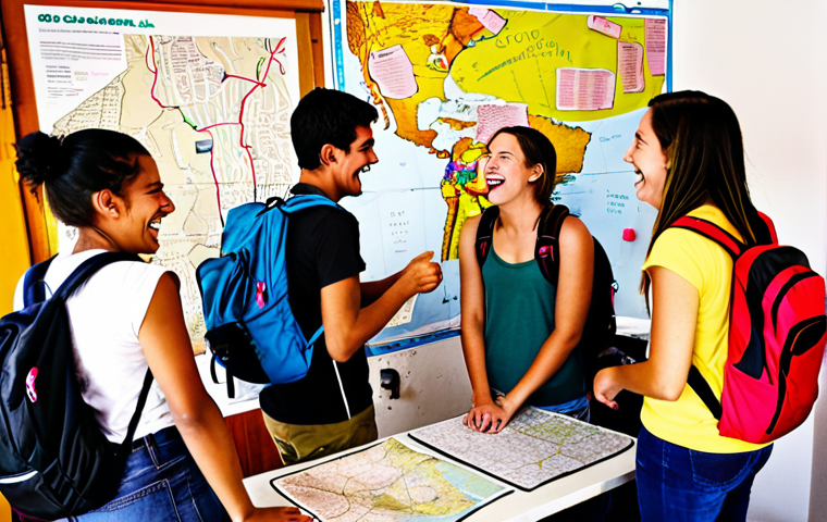 **

A brightly colored Colombian hostel dorm room filled with diverse young travelers laughing and sharing stories. Backpacks are scattered around, and a map of Colombia is pinned to the wall. Capture a sense of adventure and camaraderie.

**