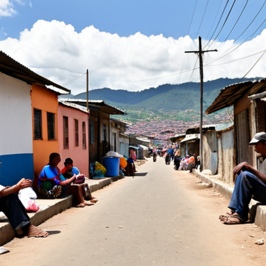 ** A bustling Colombian city street with modern buildings towering over informal settlements. In the foreground, a family of internally displaced persons (IDPs) sits on the sidewalk, their belongings piled around them. Focus on the contrast between wealth and poverty. Capture the look of hope and resilience in their eyes amidst hardship. Add some signs of community support, like a volunteer handing out food.
**