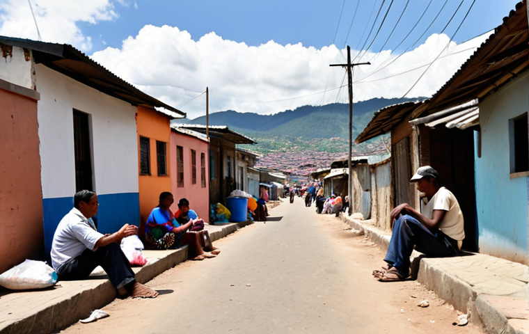 ** A bustling Colombian city street with modern buildings towering over informal settlements. In the foreground, a family of internally displaced persons (IDPs) sits on the sidewalk, their belongings piled around them. Focus on the contrast between wealth and poverty. Capture the look of hope and resilience in their eyes amidst hardship. Add some signs of community support, like a volunteer handing out food.

**