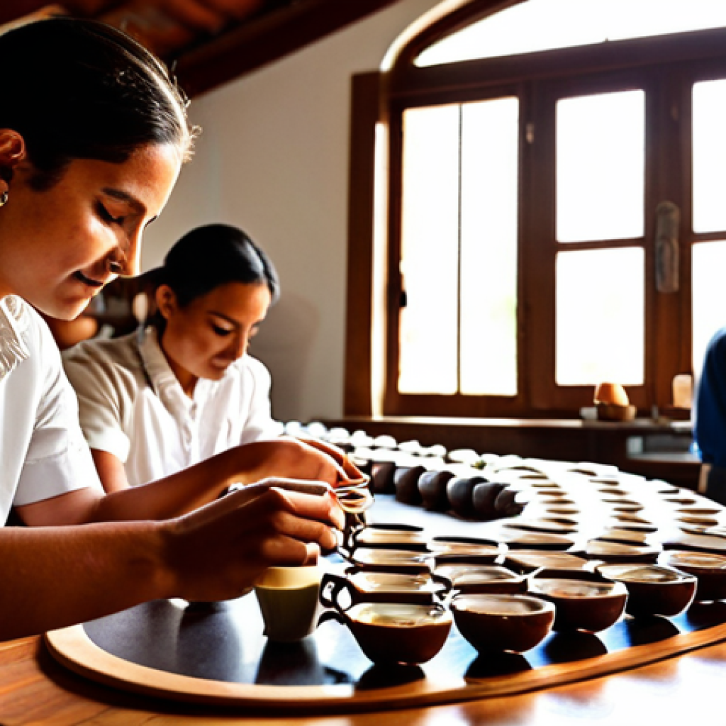 **

A vibrant photograph capturing a coffee cupping session in a modern, sunlit roastery. Focus on the details: various cups filled with coffee, cuppers meticulously evaluating the aroma and flavor with spoons, and the overall atmosphere of expertise and passion for specialty Colombian coffee. Mention "Huila" in the image as the origin of one of the coffees being evaluated.

**