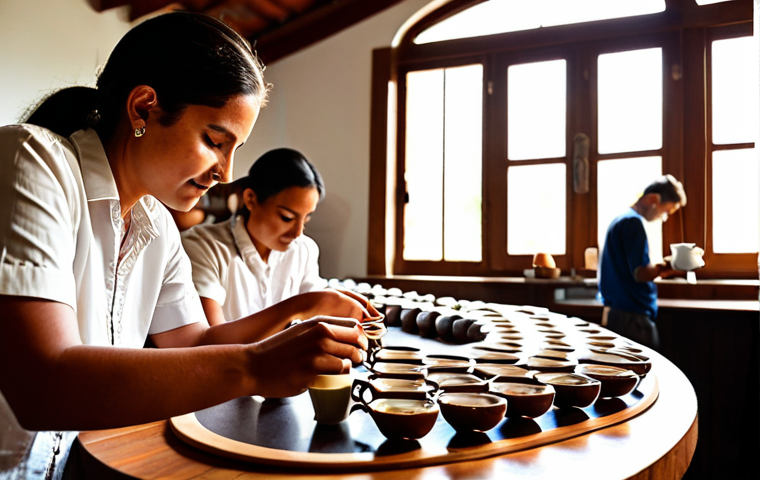 **

A vibrant photograph capturing a coffee cupping session in a modern, sunlit roastery. Focus on the details: various cups filled with coffee, cuppers meticulously evaluating the aroma and flavor with spoons, and the overall atmosphere of expertise and passion for specialty Colombian coffee. Mention "Huila" in the image as the origin of one of the coffees being evaluated.

**