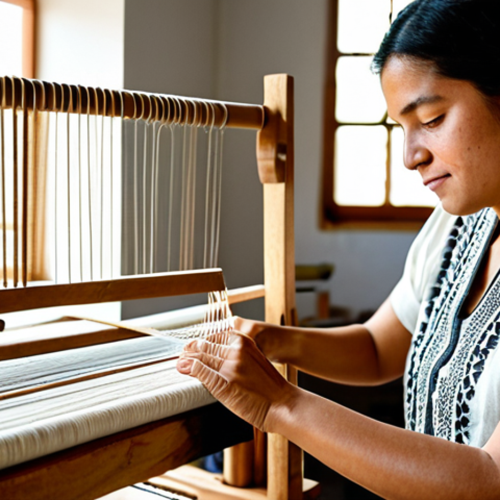 A professional Colombian fashion artisan, female, in her 30s, wearing a modest, earth-toned tunic with intricate, hand-embroidered patterns, working diligently at a wooden loom in a sun-drenched, clean artisanal workshop. Rolls of natural linen and cotton fabrics, and colorful spools of thread are neatly organized on shelves in the background. The scene emphasizes traditional craftsmanship and sustainable practices. The artisan's hands are visible, delicately weaving, showcasing skill. Professional studio lighting, sharp focus, high-resolution photography, perfect anatomy, correct proportions, natural pose, well-formed hands, proper finger count, natural body proportions, fully clothed, modest clothing, appropriate attire, professional dress, safe for work, appropriate content, family-friendly.