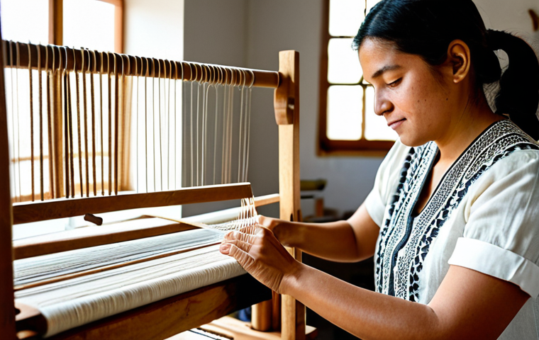 A professional Colombian fashion artisan, female, in her 30s, wearing a modest, earth-toned tunic with intricate, hand-embroidered patterns, working diligently at a wooden loom in a sun-drenched, clean artisanal workshop. Rolls of natural linen and cotton fabrics, and colorful spools of thread are neatly organized on shelves in the background. The scene emphasizes traditional craftsmanship and sustainable practices. The artisan's hands are visible, delicately weaving, showcasing skill. Professional studio lighting, sharp focus, high-resolution photography, perfect anatomy, correct proportions, natural pose, well-formed hands, proper finger count, natural body proportions, fully clothed, modest clothing, appropriate attire, professional dress, safe for work, appropriate content, family-friendly.