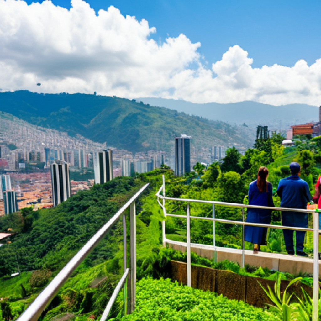 A professional photograph capturing the vibrant essence of Medell&iacute;n's urban transformation. The scene features the sleek Metrocable system ascending a lush green hillside, with colorful, modern buildings nestled amongst the trees. In the foreground, a group of fully clothed residents in modest, everyday attire are seen enjoying a public viewpoint, with the expansive city stretching into the background under a clear, sunny "Eternal Spring" sky. The image emphasizes perfect anatomy, correct proportions, natural poses, well-formed hands, and proper finger count for all subjects. This is a professional, safe for work, appropriate content, fully clothed image.