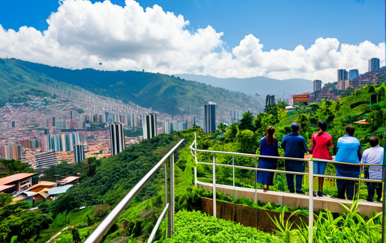 A professional photograph capturing the vibrant essence of Medell&iacute;n's urban transformation. The scene features the sleek Metrocable system ascending a lush green hillside, with colorful, modern buildings nestled amongst the trees. In the foreground, a group of fully clothed residents in modest, everyday attire are seen enjoying a public viewpoint, with the expansive city stretching into the background under a clear, sunny "Eternal Spring" sky. The image emphasizes perfect anatomy, correct proportions, natural poses, well-formed hands, and proper finger count for all subjects. This is a professional, safe for work, appropriate content, fully clothed image.