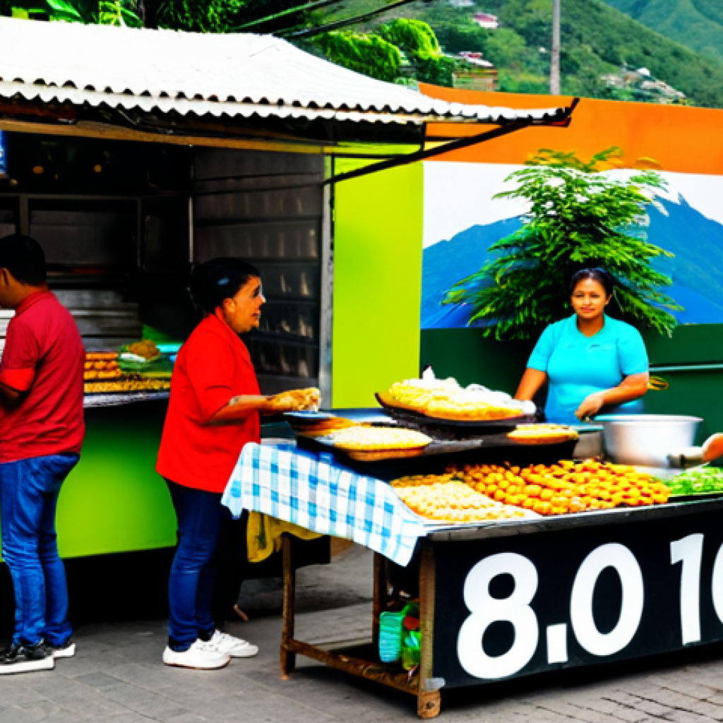 **Prompt:** A vibrant marketplace scene in Medellín, Colombia. A street food vendor is serving aji and arepas from a colorful stall. The aji is bright green and freshly made. People are gathered around, enjoying the food. In the background, there are mountains and colonial buildings. safe for work, appropriate content, fully clothed, professional photography, natural proportions, perfect anatomy, vibrant colors, food photography.