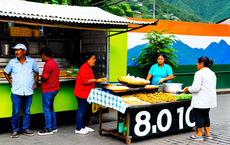 **Prompt:** A vibrant marketplace scene in Medell&iacute;n, Colombia. A street food vendor is serving aji and arepas from a colorful stall. The aji is bright green and freshly made. People are gathered around, enjoying the food. In the background, there are mountains and colonial buildings. safe for work, appropriate content, fully clothed, professional photography, natural proportions, perfect anatomy, vibrant colors, food photography.