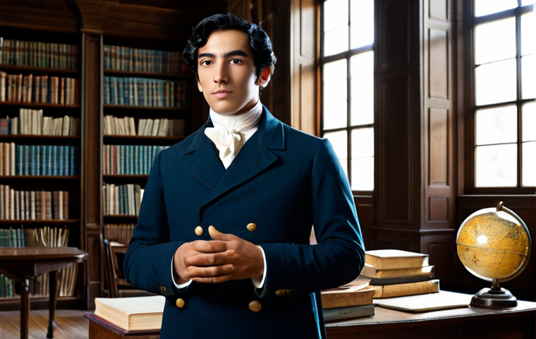 시몬 볼리바르 생애 - **Prompt:** A young Simon Bolivar, around 20 years old, in formal attire of the early 19th century, ...