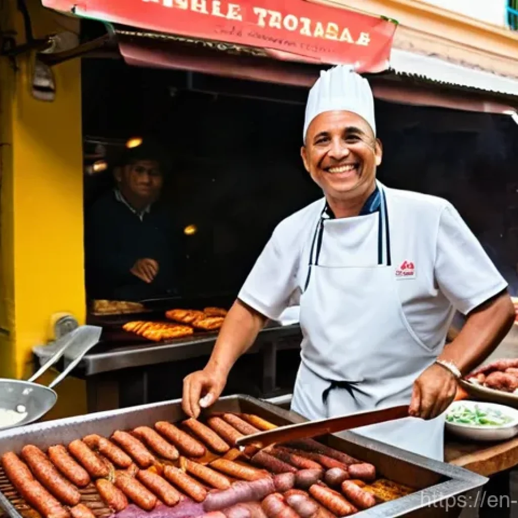 콜롬비아 전통음식 소개 - **Vibrant Colombian Street Food Market:**
"A bustling, sun-drenched Colombian street food market...