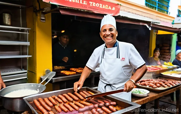 콜롬비아 전통음식 소개 - **Vibrant Colombian Street Food Market:**
    "A bustling, sun-drenched Colombian street food market...