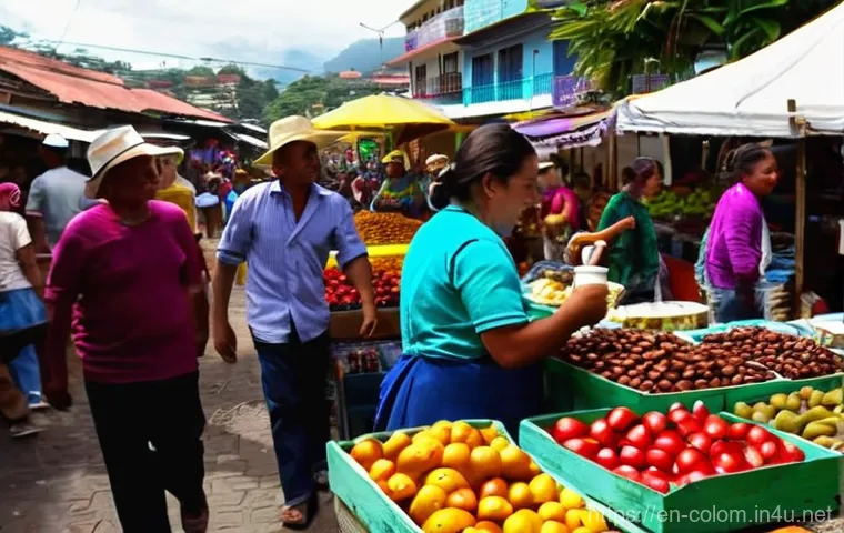 콜롬비아 국민성과 특성 - **Vibrant Colombian Street Market: A Symphony of Sabor and Hospitality**
    A wide-angle, highly de...