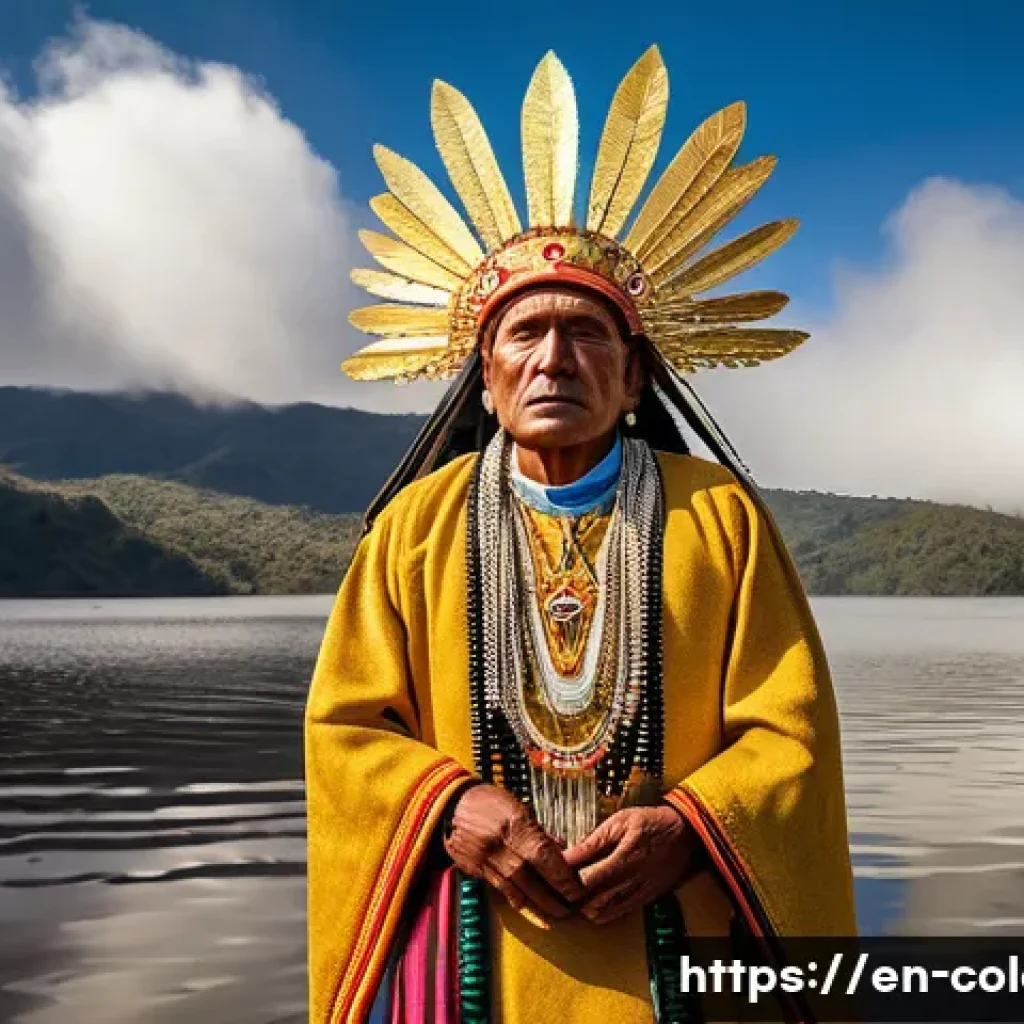 엘도라도 전설과 콜롬비아 - A vivid scene depicting a Muisca chief covered in shimmering gold dust during a sacred ritual at Lak...