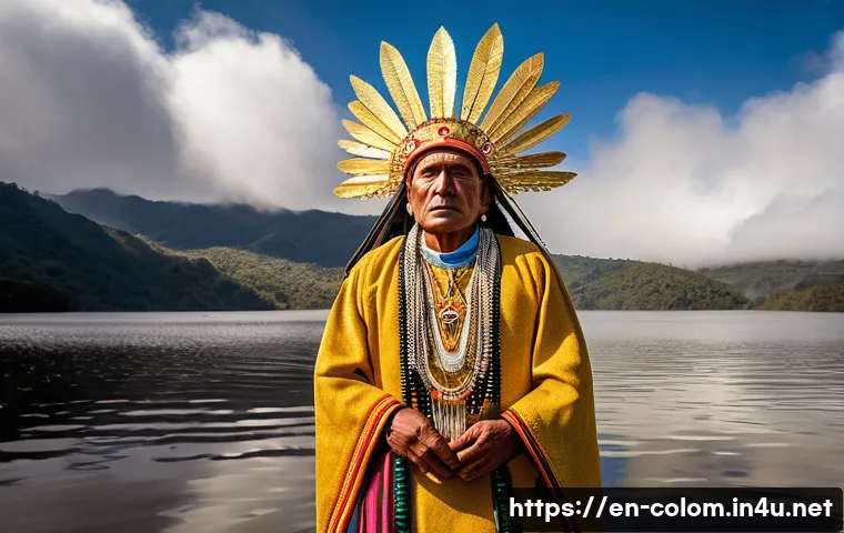 엘도라도 전설과 콜롬비아 - A vivid scene depicting a Muisca chief covered in shimmering gold dust during a sacred ritual at Lak...