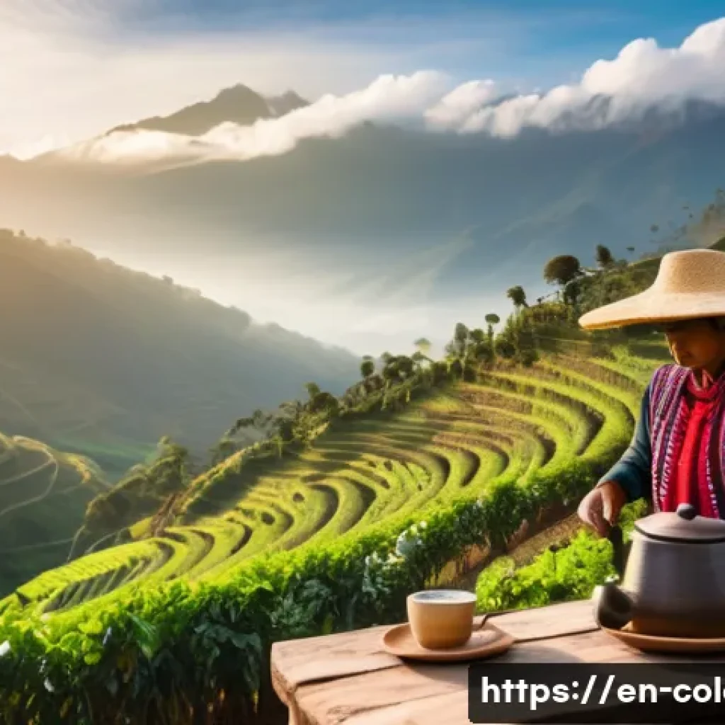 콜롬비아에서의 지역별 특산물 - A vibrant Andean coffee farm scene at sunrise, with lush green terraces on steep mountainsides, indi...