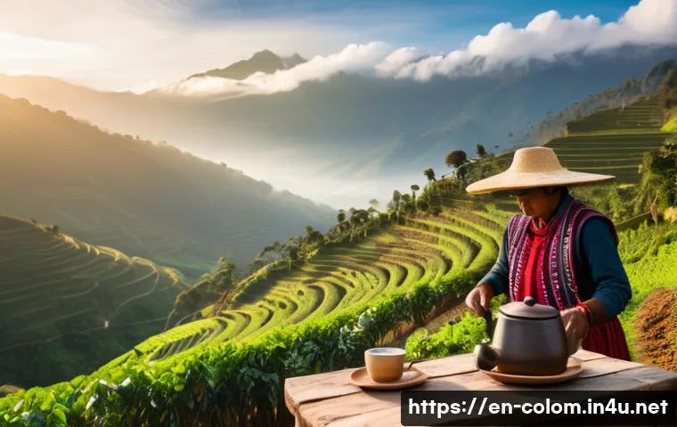 콜롬비아에서의 지역별 특산물 - A vibrant Andean coffee farm scene at sunrise, with lush green terraces on steep mountainsides, indi...