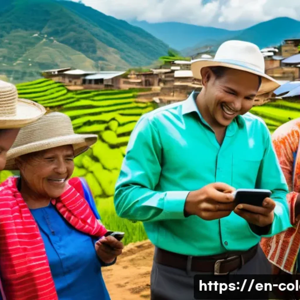 콜롬비아의 혁신적인 스타트업 - A vibrant scene of a rural Colombian village where a diverse group of people use mobile phones to ac...