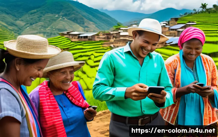 콜롬비아의 혁신적인 스타트업 - A vibrant scene of a rural Colombian village where a diverse group of people use mobile phones to ac...
