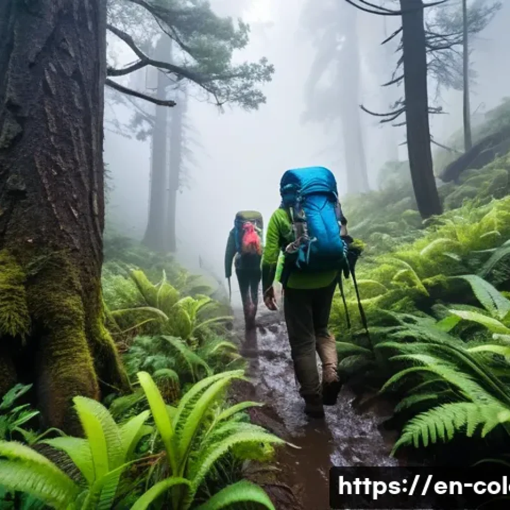 콜롬비아 로스트 시티 트레킹 - A diverse group of hikers trekking through a dense, misty jungle trail in the Sierra Nevada mountain...