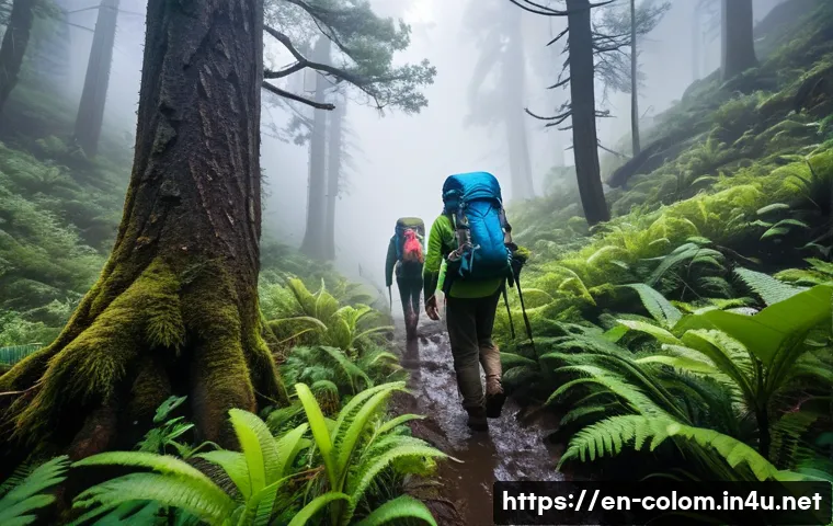 콜롬비아 로스트 시티 트레킹 - A diverse group of hikers trekking through a dense, misty jungle trail in the Sierra Nevada mountain...