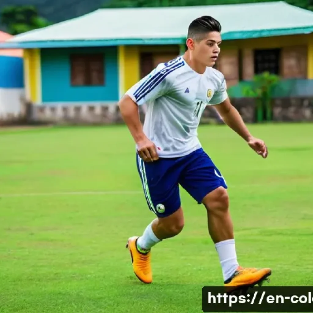 하메스 로드리게스 선수 프로필 - A dynamic and detailed scene of a young James Rodríguez training on a rustic local football pitch in...