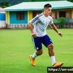 하메스 로드리게스 선수 프로필 - A dynamic and detailed scene of a young James Rodr&iacute;guez training on a rustic local football pitch in...