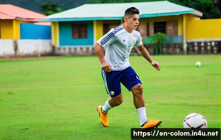 하메스 로드리게스 선수 프로필 - A dynamic and detailed scene of a young James Rodr&iacute;guez training on a rustic local football pitch in...