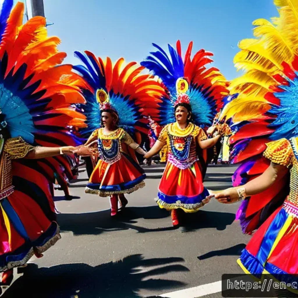 바랑키야 카니발 행사 일정 - A vibrant street scene of the Barranquilla Carnival&rsquo;s Grand Opening Parade featuring dancers and mus...