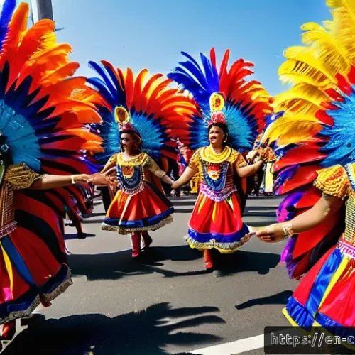 바랑키야 카니발 행사 일정 - A vibrant street scene of the Barranquilla Carnival&rsquo;s Grand Opening Parade featuring dancers and mus...
