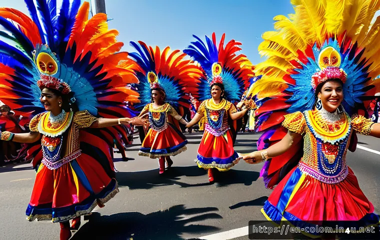 바랑키야 카니발 행사 일정 - A vibrant street scene of the Barranquilla Carnival&rsquo;s Grand Opening Parade featuring dancers and mus...