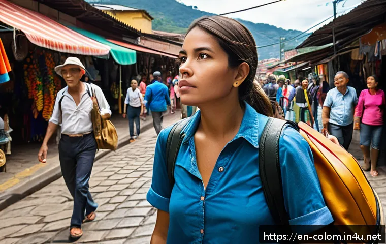 콜롬비아에서의 소매치기 예방법 - A bustling Colombian street market scene in Medell&iacute;n during daytime, filled with vibrant colors from...