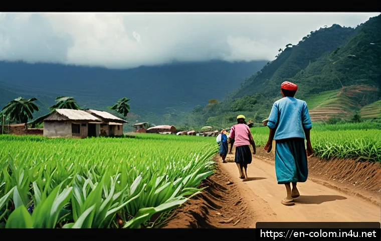콜롬비아 마약 카르텔 역사 - A detailed, realistic scene of a rural Colombian village in the 1980s, depicting impoverished farmer...