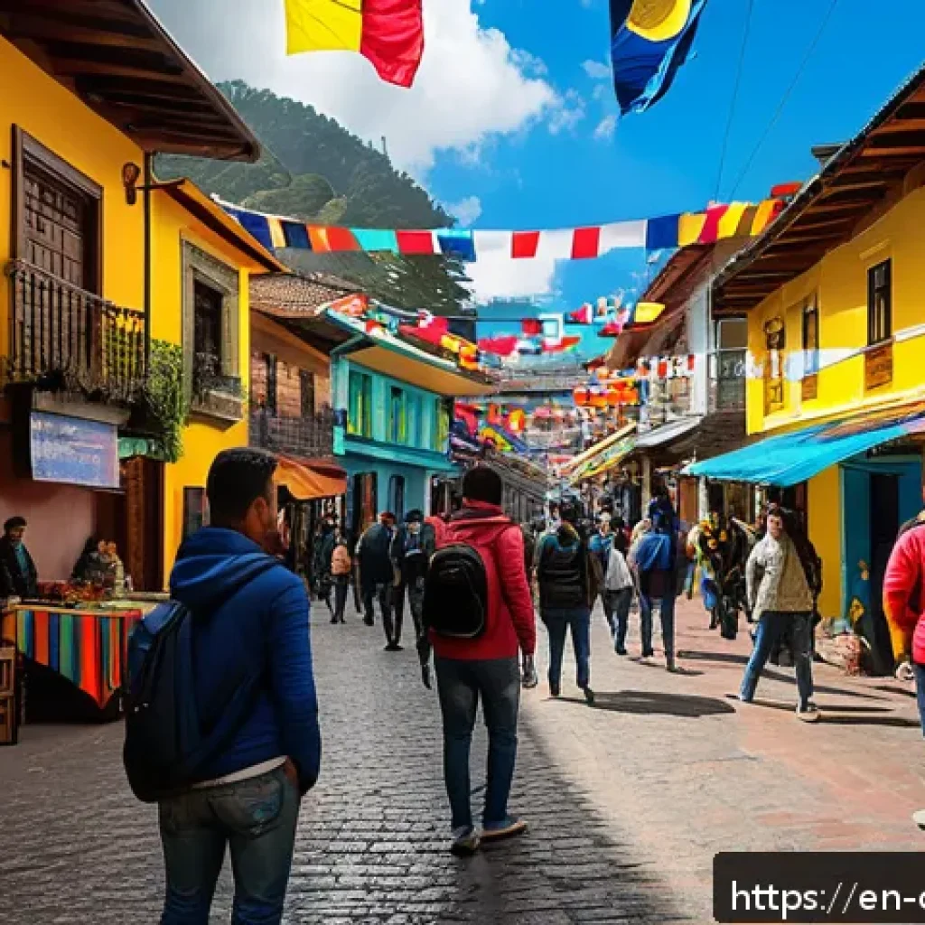 콜롬비아 비자 종류 및 신청 방법 - A vibrant street scene in Bogotá featuring a diverse group of travelers and locals engaging around a...