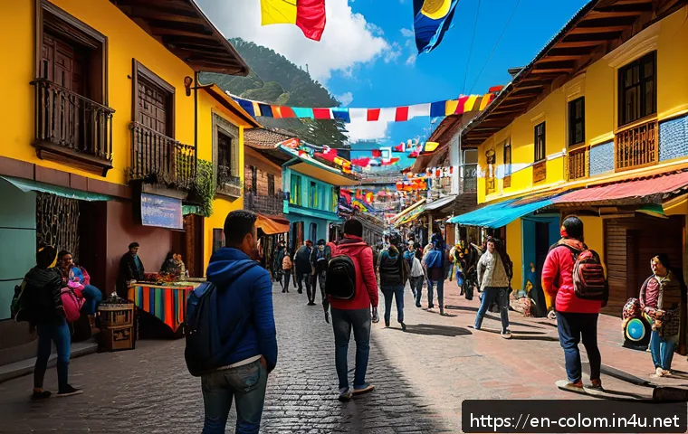 콜롬비아 비자 종류 및 신청 방법 - A vibrant street scene in Bogot&aacute; featuring a diverse group of travelers and locals engaging around a...