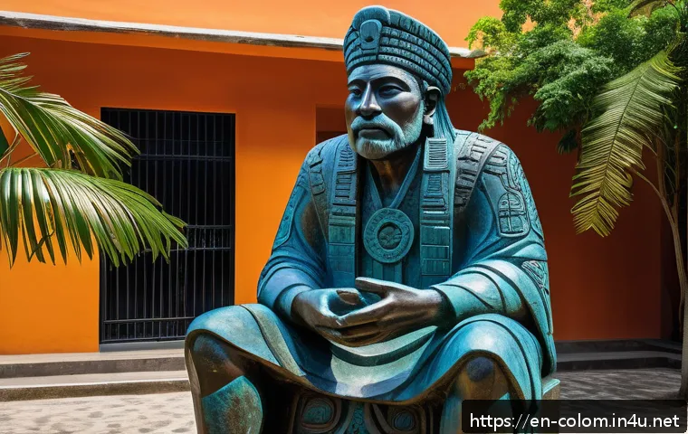 콜롬비아에서의 유명한 조각과 회화 - A large public bronze sculpture in a bustling Colombian city plaza, featuring intricate indigenous M...