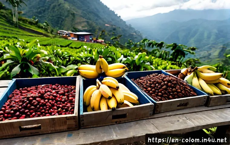 콜롬비아 주요 수출품목 - Photorealistic Colombian export agriculture scene, neatly arranged ripe coffee cherries, cacao pods,...